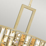 Close-up of the Gemma 3 Light Chandelier - Gold, featuring a rectangular gold-tone frame embellished with crystal panels. The prism-like crystals expertly reflect light to produce a shimmering effect, complemented by the soft gray background that elevates the elegance of the design.