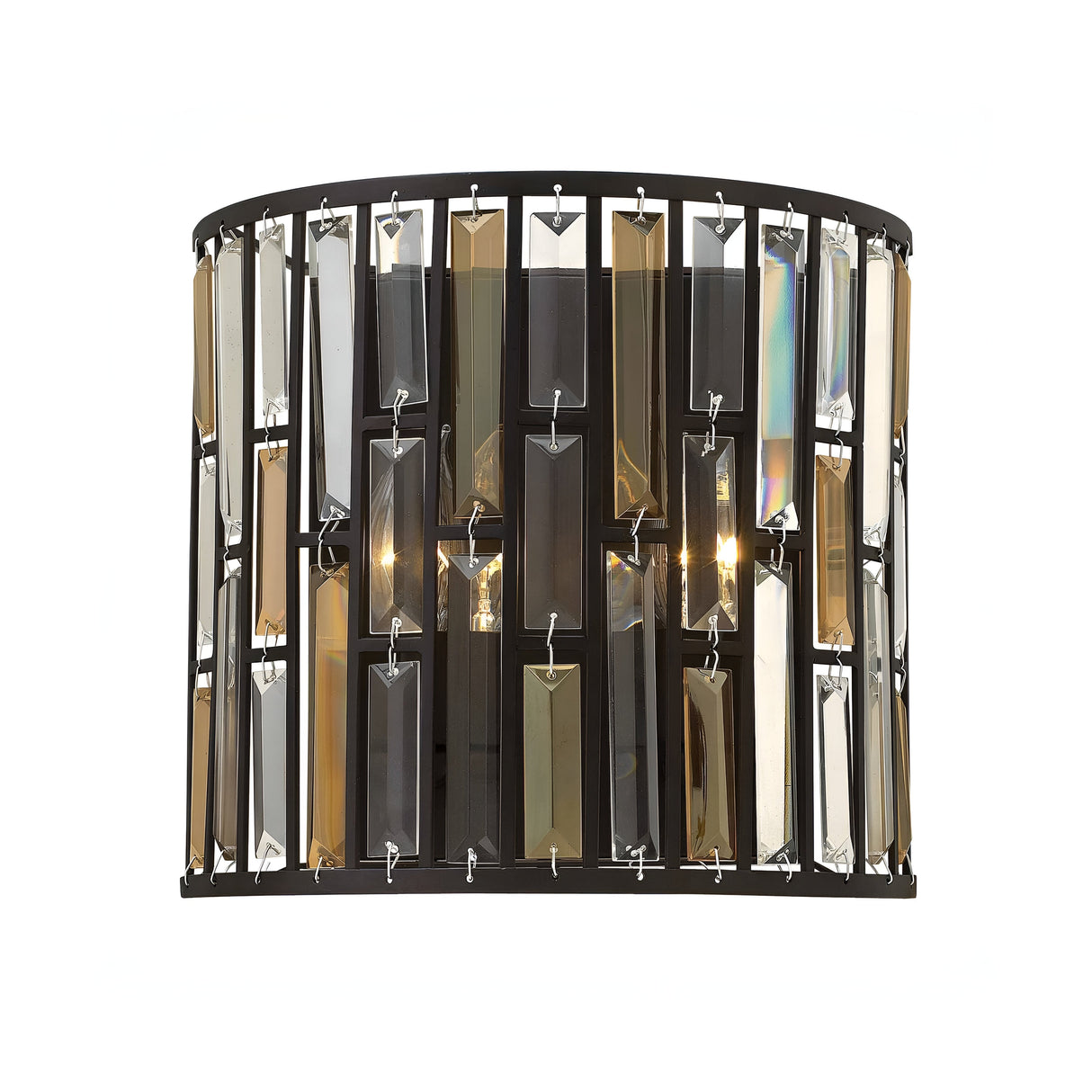 The Gemma-1 2 Light Wall Light in Vintage Bronze combines a sleek cylindrical design and a black frame, showcasing vintage bronze crystal prisms in amber and clear shades. The internal light bulbs produce a warm, shimmering glow through the crystals, adding contemporary sophistication to any space.