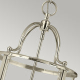 Close-up of the Gentry 4 Light Medium Pendant - Polished Nickel, showcasing its polished nickel finish. The design includes curved supports and a central rod, with a chain loop at the top set against a plain gray background.