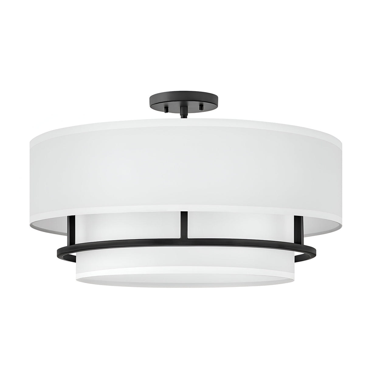 The Graham 4 Light Duo-Mount Pendant/Semi-Flush - Black showcases a modern circular design infused with classic charm. It comes with a white fabric shade and black metal accents, offering a sleek, contemporary appearance that enhances any interior. The Black Duo-Mount option provides versatile installation to match your style preferences.