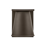 The Coastal 1 Light Small Outdoor Wall Lantern features an architectural bronze finish, weather-resistant design, and a modern downward-facing cone-shaped shade, perfect for outdoor spaces. Set against a white background.