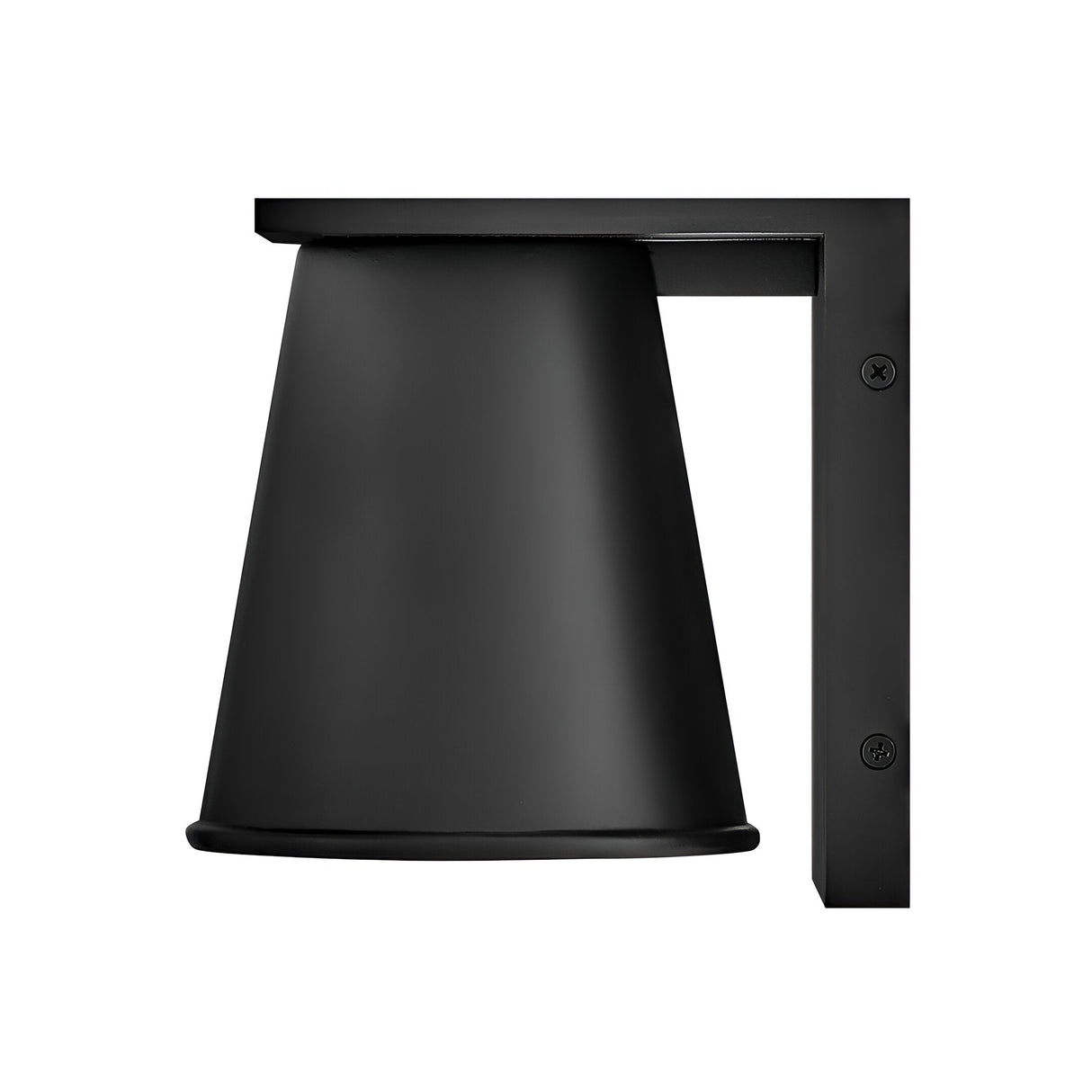 The Coastal 1 Light Small Outdoor Wall Lantern in textured black features a cone-shaped shade and right-angle mount, offering a sleek modern outdoor lighting solution, shown against a white background.