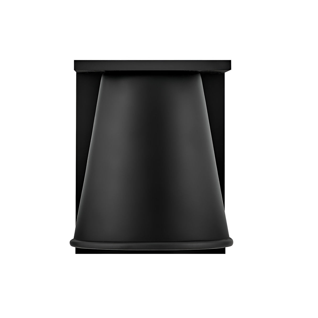 A Coastal 1 Light Small Outdoor Wall Lantern in textured black, conical with a flat top and base, is centered against a plain white background. Its smooth, matte finish highlights the modern, clean lines of outdoor lighting design.