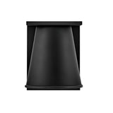 A Coastal 1 Light Small Outdoor Wall Lantern in textured black, conical with a flat top and base, is centered against a plain white background. Its smooth, matte finish highlights the modern, clean lines of outdoor lighting design.