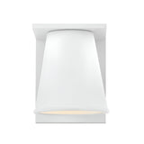 The Coastal 1 Light Small Outdoor Wall Lantern in textured white features a wide, downward-facing conical shade on a rectangular base, inspired by coastal outdoor lighting, and is shown against a plain white background.