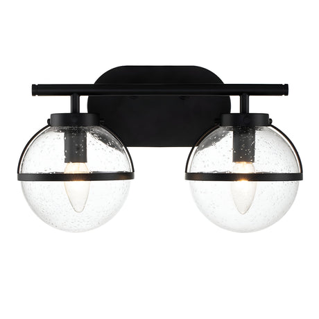 The Hollis 2 Light Wall Light in black features two transparent glass globe shades that expose the bulbs. The speckled glass texture enhances its modern design with Art Deco elements, offering a sleek and stylish appearance.