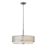 The Jules 3 Light Pendant / Semi-Flush - Brushed Nickel showcases modern elegance with its cylindrical, perforated metal shade, finished in sleek Brushed Nickel. Adorned with a hexagonal pattern, the light is gracefully suspended from a thin, adjustable rod for versatile styling.
