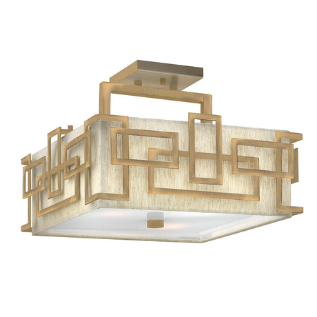 The Lanza 3 Light Semi Flush - Brushed Bronze features a sleek geometric design with intertwined metal rectangles in a brushed bronze finish set against a beige backdrop. Its base is enhanced by a frosted glass panel, bringing sophisticated elegance to any room.