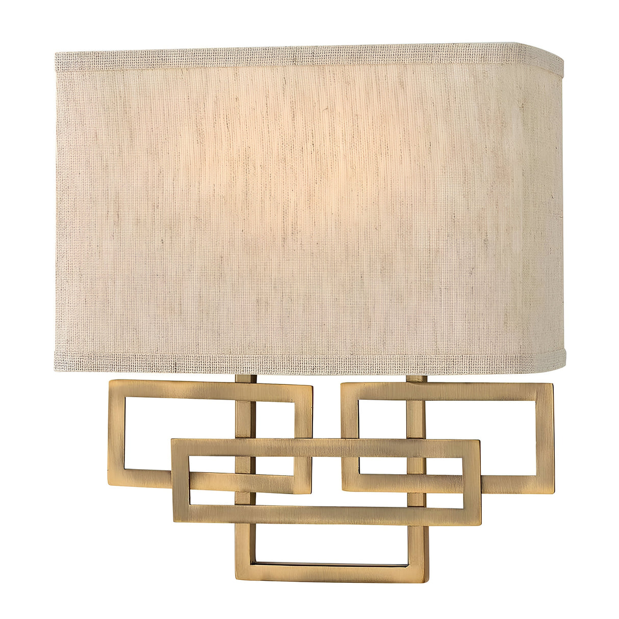 The Lanza 2 Light Wall Light - Brushed Bronze features a minimalist design with a rectangular beige fabric shade and a geometric base of interlocking rectangles, offering ample illumination and a warm glow.