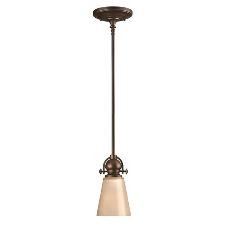 The Mayflower-1 1 Light Mini Pendant in Olde Bronze boasts a sophisticated design with a long rod and an etched amber glass shade. Its classic style includes adjustable joints and a round ceiling mount, ensuring it's both stylish and versatile for any room.