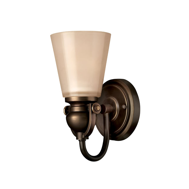 The Mayflower 1 Light Wall Light - Bronze showcases a curved arm and circular wall mount with a bronze finish, beautifully paired with an amber glass shade. Its timeless and sophisticated design is perfect for elevating indoor lighting decor.