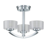 The Meridian 3 Light Semi Flush - Polished Chrome features a modern design with three cylindrical frosted glass shades arranged symmetrically to enhance energy efficiency.