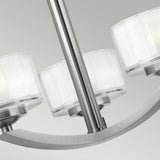 The Meridian 3 Light Semi Flush in Brushed Nickel is a modern ceiling light fixture that incorporates energy-efficient technology and features three cylindrical, frosted glass shades on a sleek, curved metal arm, all set against a light gray background.