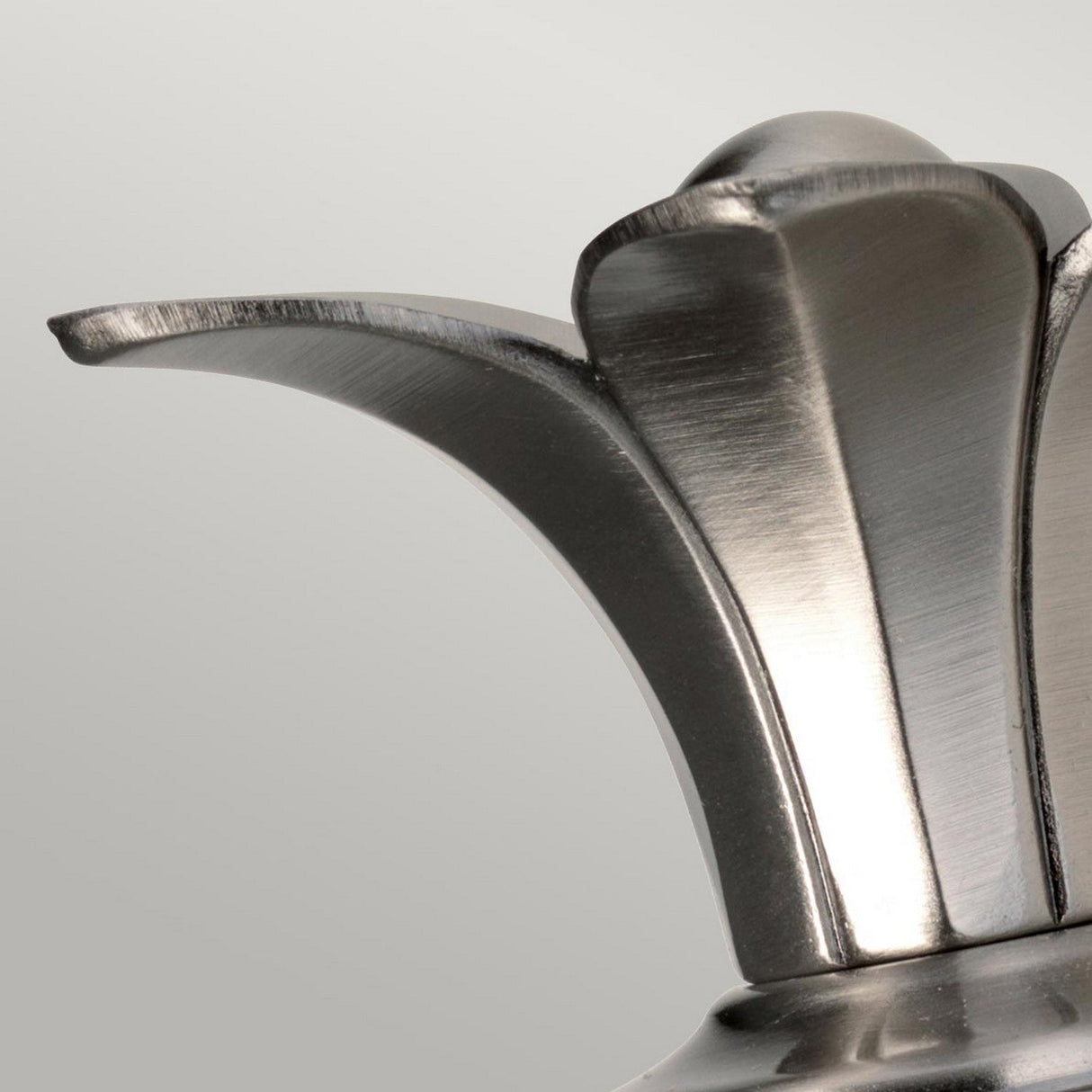 Close-up of the Plantation Outdoor 1 Light Wall Light, showcasing its stainless steel structure with a polished antique nickel finish and an elegant, curved petal-like design. The metal surface catches light, offering a sleek and contemporary look.
