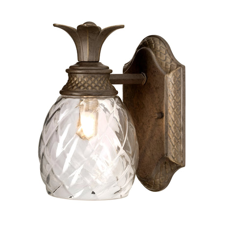 The Plantation Outdoor 1 Light Wall Light in Bronze features a pineapple-shaped glass shade and a bronze-finished metal base, providing weather-resistant illumination with a warm glow that highlights the textured patterns of the glass.