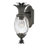 Introducing the Plantation Outdoor 1 Light Small Wall Lantern - Black, featuring a charming pineapple-shaped glass body with a clear, textured finish and dark metal accents. Its stylish black finish enhances its allure, allowing the visible bulb inside to cast an inviting glow. The backplate is adorned with a decorative pattern for added elegance.