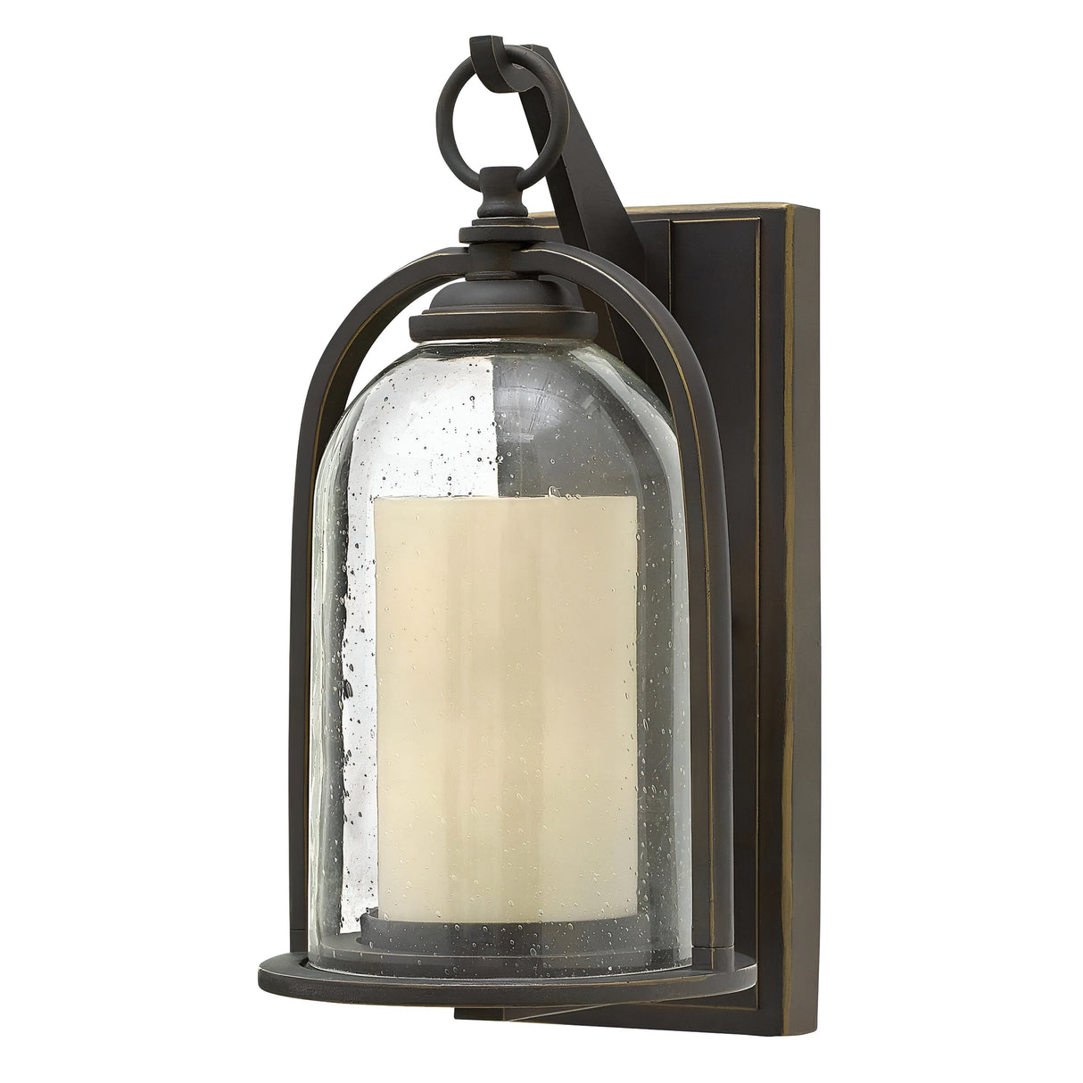 The Quincy Outdoor 1 Light Small Wall Lantern in oil-rubbed bronze features a vintage design with a metal frame and glass cover. Inside, an LED light replicates the gentle glow of a candle, enhancing its classic charm.