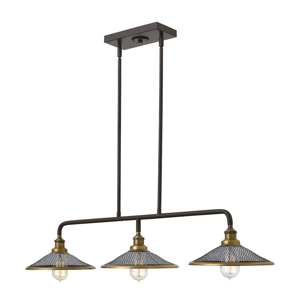 The Rigby 3 Light Island Chandelier - Bronze & Brass boasts an industrial and vintage aesthetic, featuring three metal cage lampshades suspended from a rectangular ceiling mount by two rods. The open grid pattern of the shades highlights exposed bulbs, complete with a striking bronze and brass finish.