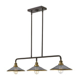 The Rigby 3 Light Island Chandelier - Bronze & Brass boasts an industrial and vintage aesthetic, featuring three metal cage lampshades suspended from a rectangular ceiling mount by two rods. The open grid pattern of the shades highlights exposed bulbs, complete with a striking bronze and brass finish.
