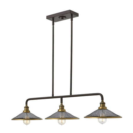 The Rigby 3 Light Island Chandelier - Bronze & Brass boasts an industrial and vintage aesthetic, featuring three metal cage lampshades suspended from a rectangular ceiling mount by two rods. The open grid pattern of the shades highlights exposed bulbs, complete with a striking bronze and brass finish.