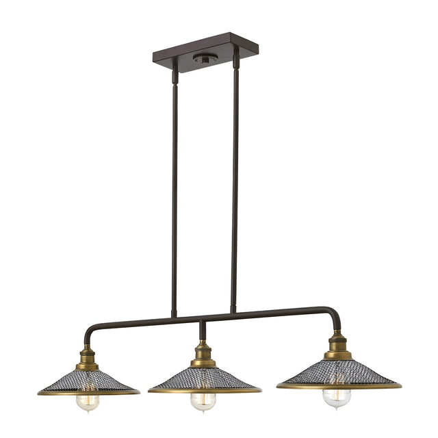 The Rigby 3 Light Island Chandelier - Bronze & Brass boasts an industrial and vintage aesthetic, featuring three metal cage lampshades suspended from a rectangular ceiling mount by two rods. The open grid pattern of the shades highlights exposed bulbs, complete with a striking bronze and brass finish.