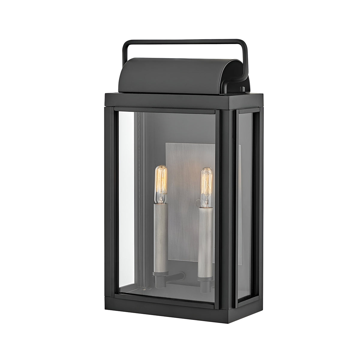 The Sag Harbor Outdoor 2 Light Medium Wall Lantern - Black is a rectangular fixture with a glass enclosure and two vertical light bulbs inside. It features a simple top handle, exuding modern elegance and durability.