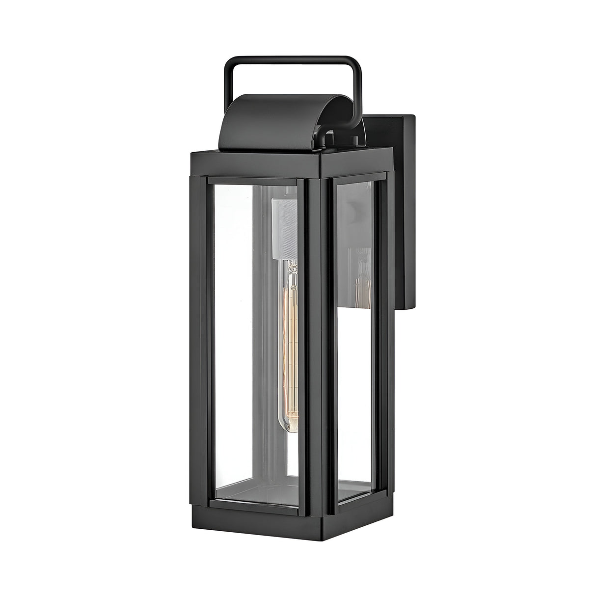 The Sag Harbor Outdoor 1 Light Small Wall Lantern in black is a contemporary fixture made from durable aluminum, featuring a clear glass exterior with a rectangular design and a top handle. The visible bulb is set within a vertical mount, and its IP44 rating guarantees style and dependability for any outdoor space.