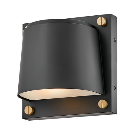 Introducing the Scout Outdoor 1 Light Small Wall Light - Black, a modern fixture with a weather-resistant black metal frame and a cylindrical dark shade. It is mounted on a square black base adorned with four decorative gold screws, casting a soft downward glow—ideal for stylishly enhancing your exterior spaces with durability.