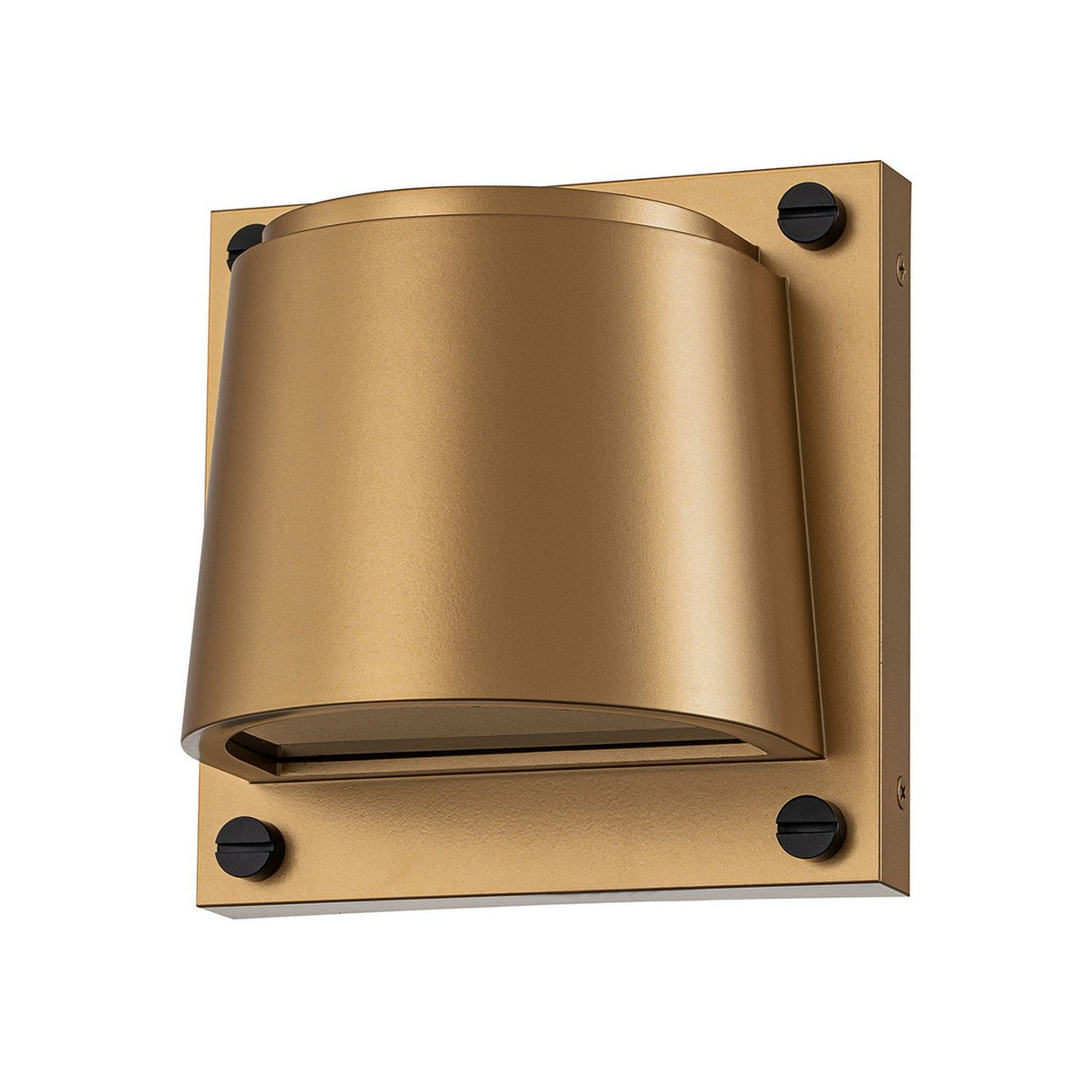 Explore the Scout Outdoor 1 Light Small Wall Light in Painted Heritage Brass, a contemporary wall fixture with a matte gold finish that evokes the charm of classic brass. It boasts a cylindrical shade and a square backplate accentuated with four visible black screws, ideal for enhancing the sophistication of your outdoor lighting arrangement.