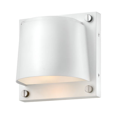 The Scout Outdoor 1 Light Small Wall Light in Satin White boasts a sleek, curved shade mounted on a square plate. Designed for outdoor use, it provides a gentle illumination upwards and downwards, secured neatly with four metallic screws at each corner.
