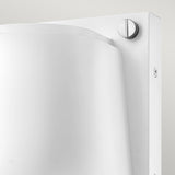 Detailed view of the Scout Outdoor 1 Light Small Wall Light in Satin White, showcasing its modern curved design. This fixture is mounted on a square backplate with a visible screw at the top right corner. With an IP44 rating, it's ideal for outdoor lighting against a soft, neutral background.