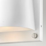 Close-up of the Scout Outdoor 1 Light Small Wall Light in a minimalist design, showcasing its IP44 rated satin white finish. This modern wall sconce features smooth curves with a simple metallic screw visible on the side, set against a neutral background. Ideal for both indoor and outdoor lighting needs.