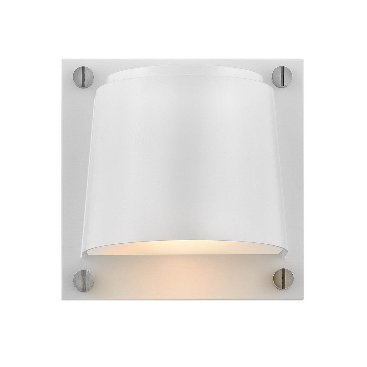The Scout Outdoor 1 Light Small Wall Light in Satin White is a modern wall sconce with a minimalist design, featuring a satin white finish. It showcases a cylindrical shade mounted on a square backplate, secured by four metallic screws. This IP44 rated fixture is perfect for outdoor lighting and casts a soft, downward light to enhance any space.