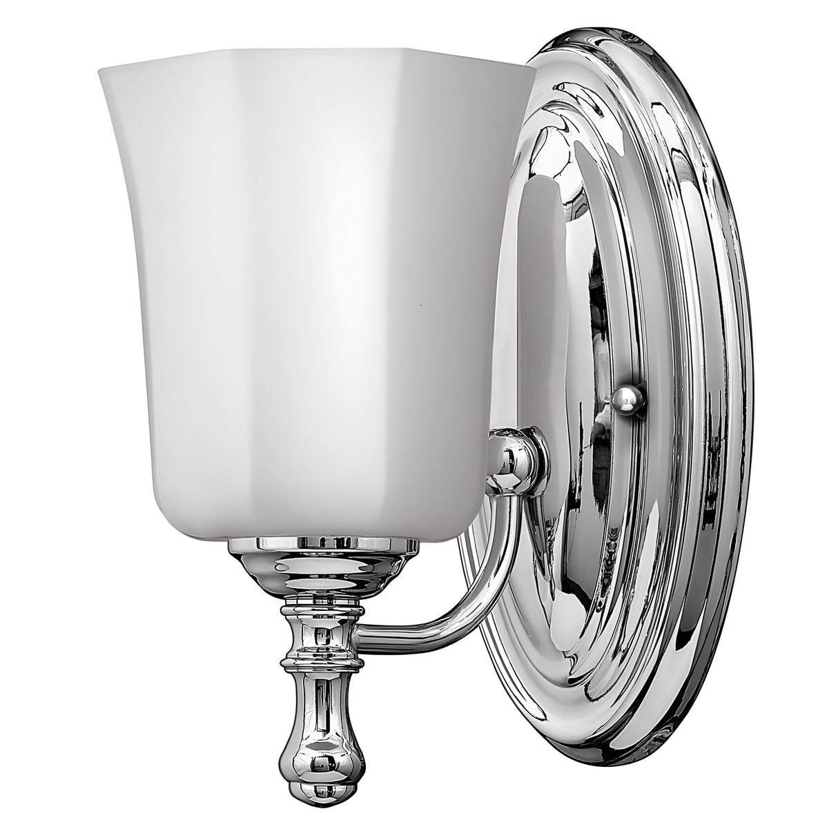 The Shelly 1 Light Wall Light in polished chrome boasts a frosted white glass shade, featuring a curved arm that connects the base to the upward-facing shade, making it a perfect fit for both traditional and modern decor.