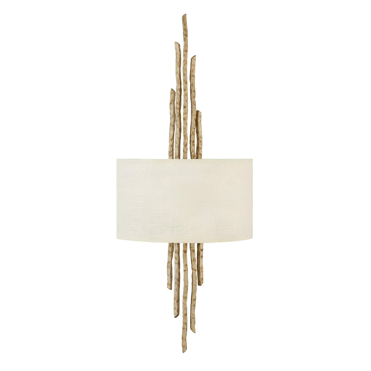 The Spyre 2 Light Wall Light - Champagne Gold showcases a sleek cylindrical white shade complemented by numerous vertical, natural wood-like sticks extending from the top and bottom. This contemporary wall sconce merges organic and modern design elements for an artistic flair, making it ideal for accent lighting.