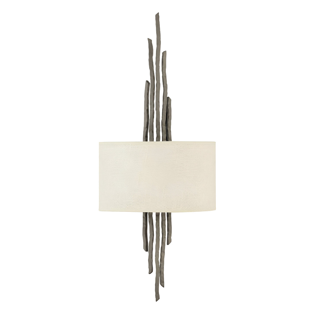 The Spyre 2 Light Wall Light features a modern design with a cylindrical white shade and sculptural dark metal rods in a metallic matte bronze finish, extending vertically from both the top and bottom for an artistic and contemporary look.