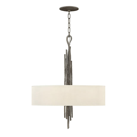 The Spyre 6 Light Pendant features a central metallic matte bronze structure paired with a circular white fabric shade, suspended from a chain. Its sleek, minimalist design seamlessly blends industrial-style lighting with contemporary aesthetics.