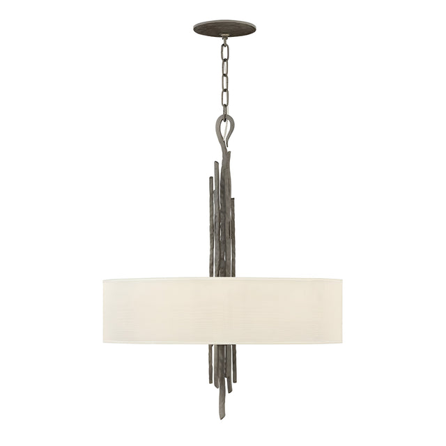 The Spyre 6 Light Pendant features a central metallic matte bronze structure paired with a circular white fabric shade, suspended from a chain. Its sleek, minimalist design seamlessly blends industrial-style lighting with contemporary aesthetics.