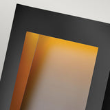 The image abstractly showcases overlapping rectangular shapes in black, gray, and orange. The orange portion emanates a warm, gradient effect similar to the modern aesthetics of the Taper Outdoor LED Large Wall Lantern - Black. This composition is minimalistic and geometric, capturing an angled perspective that echoes contemporary outdoor lighting design.