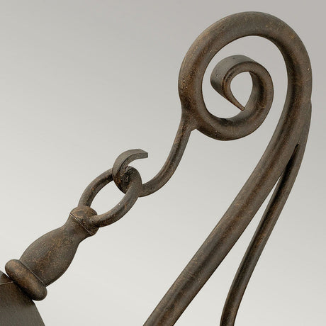 Close-up of a rust-colored metal hook and spiral detail on the Trellis Outdoor 3 Light Medium Wall Lantern in bronze, set against a plain background. The design showcases a smooth, looping curve and includes seedy glass for added texture.