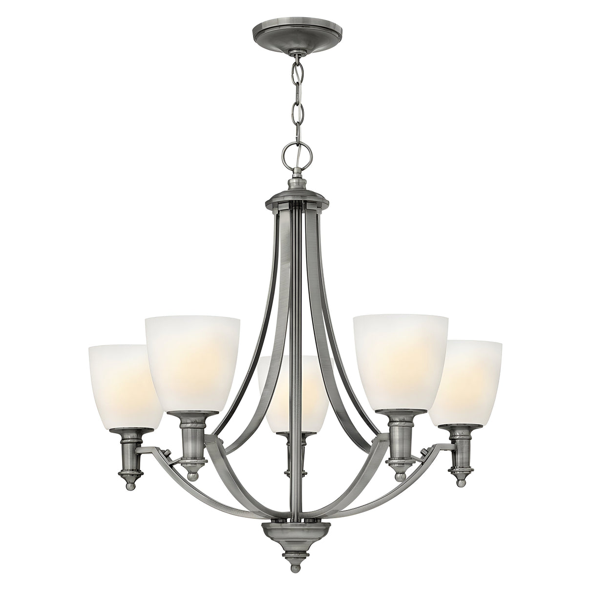 The Truman 5 Light Chandelier - Antique Nickel showcases elegance with its antique nickel finish and etched opal glass shades. Designed with gracefully curved arms and a circular base, it's ideal for both dining and living spaces.