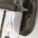 A close-up of the Willoughby 2 Light Wall Lantern showcases its vintage design, featuring clear seeded glass and a visible light bulb inside. The piece is enhanced by an Oil Rubbed Bronze finish and is mounted on a rectangular backplate, emphasizing its timeless appeal.