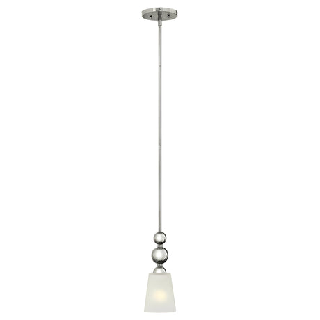 The Zelda 1 Light Mini Pendant - Polished Nickel is a sleek, modern pendant light that embodies mid-century elegance with its brushed metal finish. It features a cylindrical frosted glass shade and hangs from a round ceiling mount on a long, slender rod, adorned with decorative metallic spheres in polished nickel near the top.