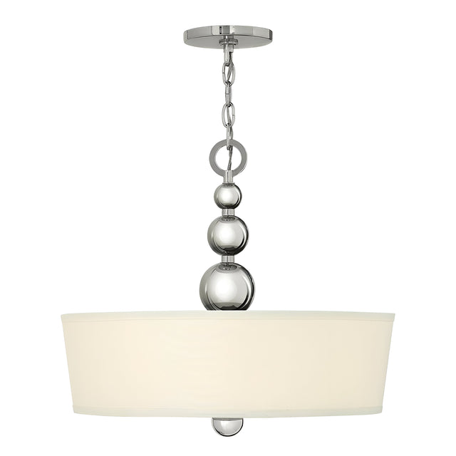 The Zelda 3 Light Pendant - Polished Nickel exudes mid-century charm with its polished nickel finish. This modern pendant light features a chrome chain and three metallic spheres, complemented by a large, cylindrical white fabric shade for a sleek and contemporary design.
