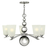 The Zelda 5 Light Chandelier - Polished Nickel embodies Mid-Century Sophistication with its frosted glass shades and polished nickel finish. A central column embellished with spherical accents alongside elegantly curved arms that hold the light shades brings a timeless touch to modern spaces.