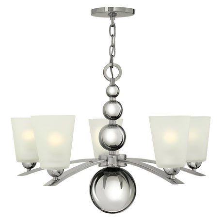 The Zelda 5 Light Chandelier - Polished Nickel embodies Mid-Century Sophistication with its frosted glass shades and polished nickel finish. A central column embellished with spherical accents alongside elegantly curved arms that hold the light shades brings a timeless touch to modern spaces.