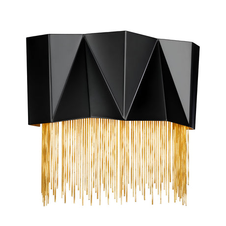 The Zuma 3 Light Wall Light in Satin Black/Gold offers a modern design with a geometric silhouette and a faceted shade finished in Satin Black. Elegant gold chain-like strands gracefully hang beneath, enhancing its stylish appearance.