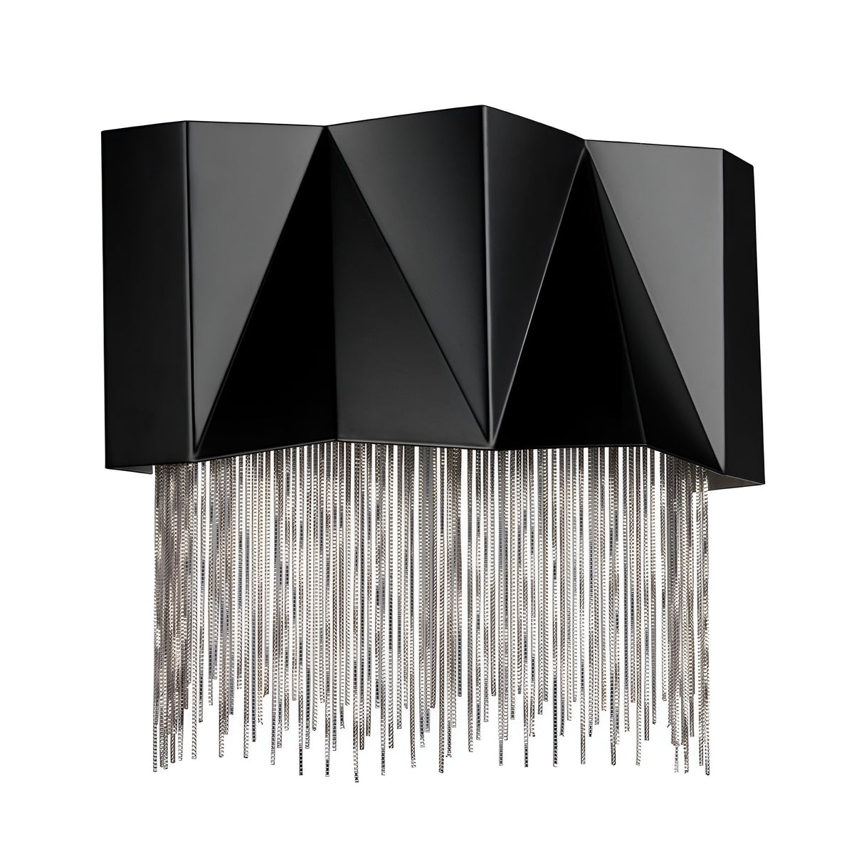 The Zuma 3 Light Wall Light - Satin Black/Silver showcases a sophisticated design with its modern black geometric structure, adorned with a zigzag pattern on top and complemented by cascading silver chain-like strands below, delivering an elegant touch while offering ambient lighting.