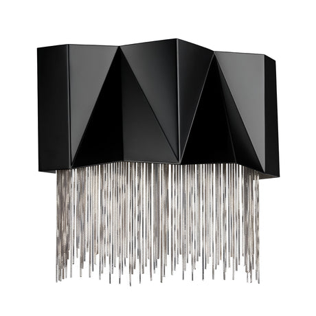 The Zuma 3 Light Wall Light - Satin Black/Silver showcases a sophisticated design with its modern black geometric structure, adorned with a zigzag pattern on top and complemented by cascading silver chain-like strands below, delivering an elegant touch while offering ambient lighting.