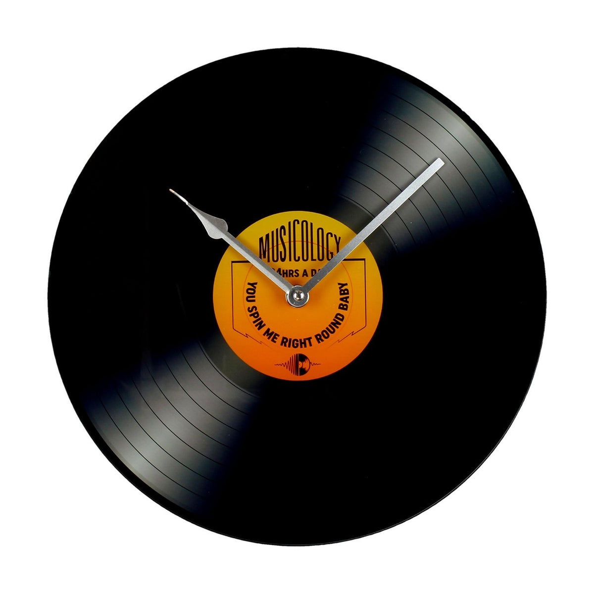 Vinyl Record Glass Wall Clock, 30cm, black disc with fine grooves and an orange centre label reading "You Spin Me Right Round Baby", silver hands, on a plain white background.